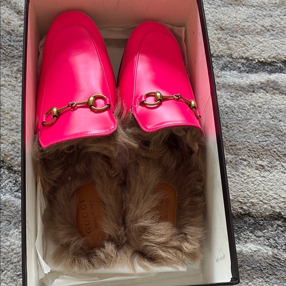 Gucci Pink and Brown Mules with Fur and Gold Accent